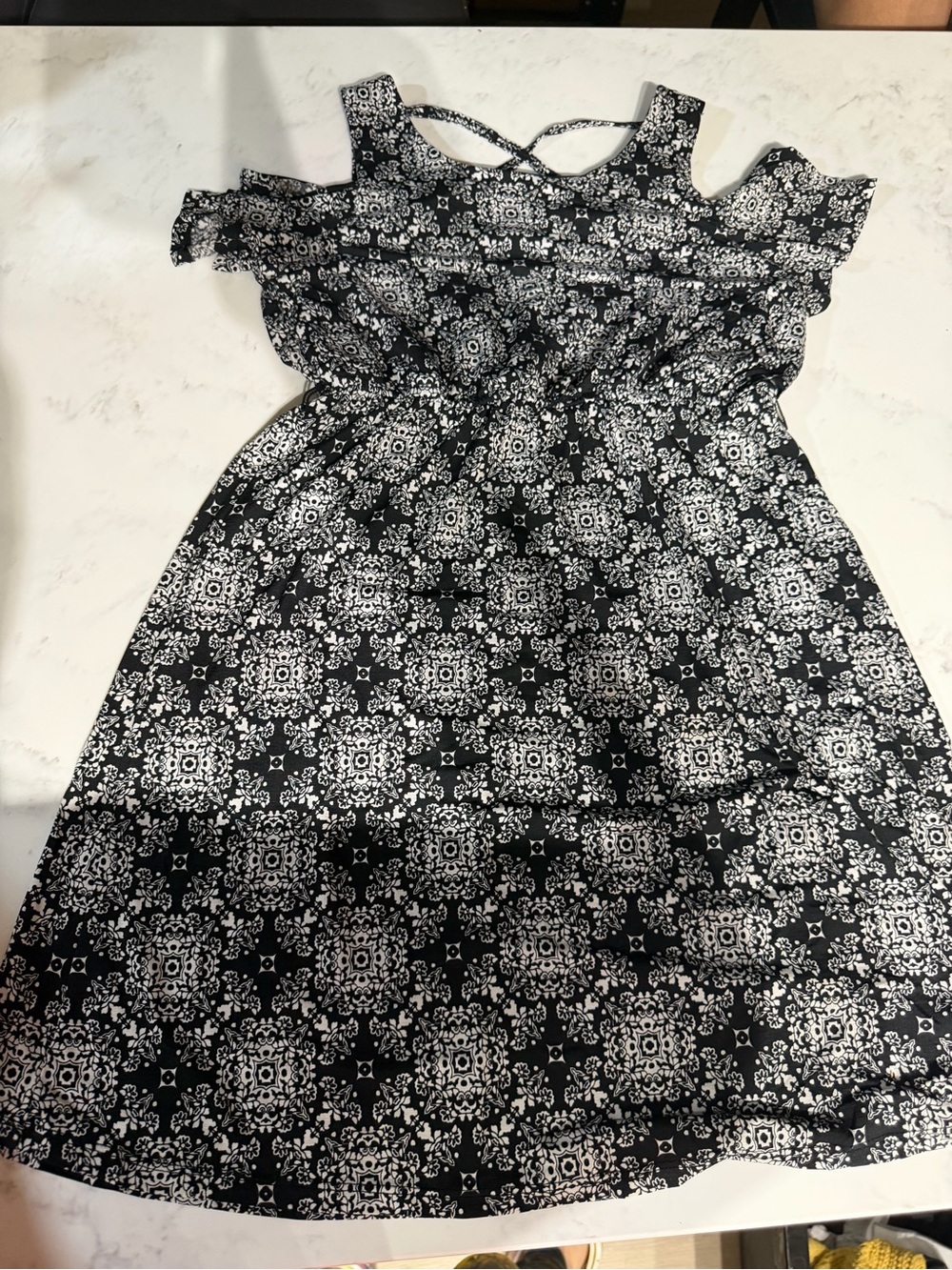 Three Hearts Black & White Cold-Shoulder Printed Dress
